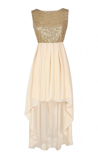 Gilded Angel Gold and Ivory Sequin Chiffon High Low Dress